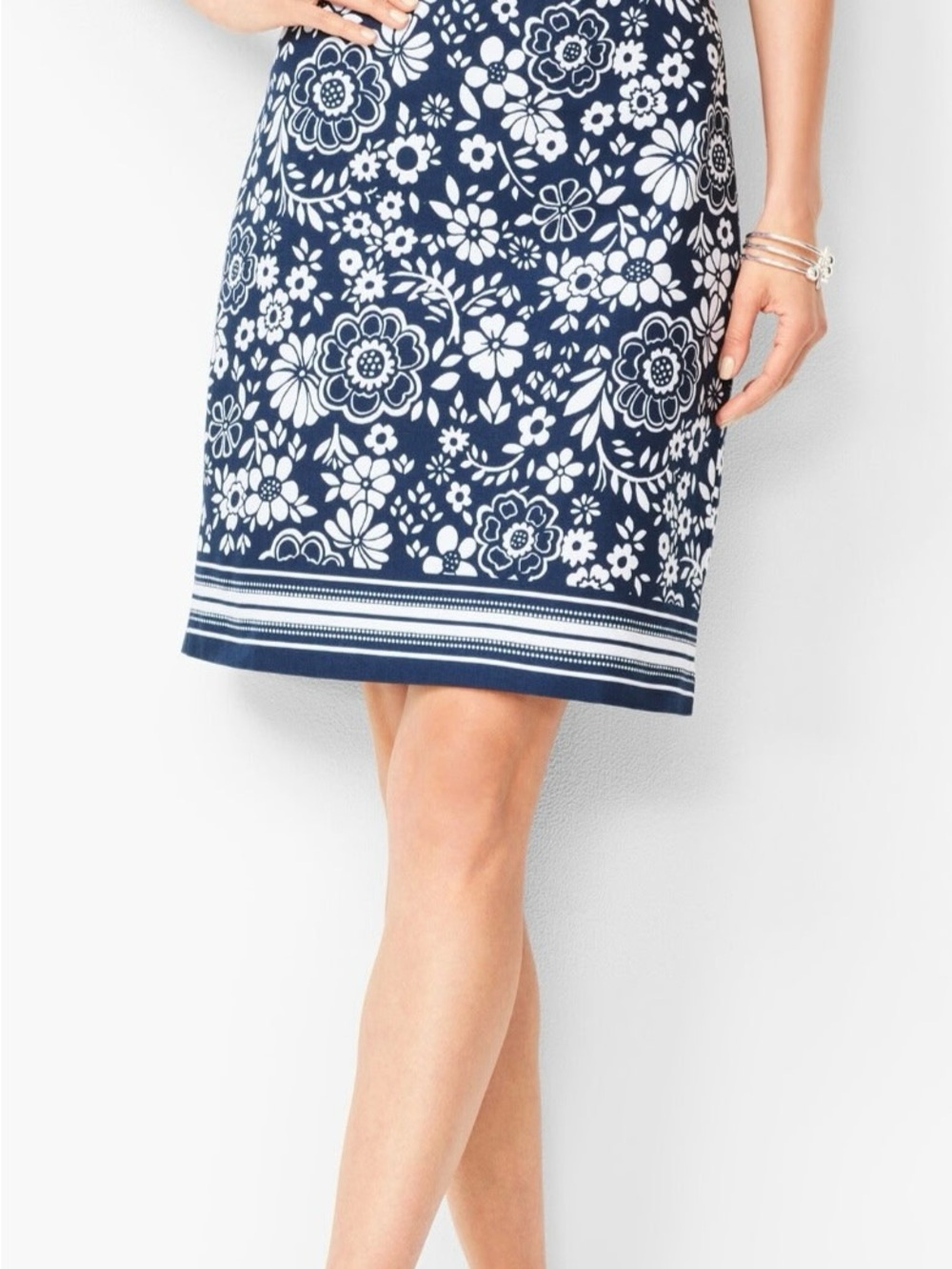 Talbots Navy and White Floral Mini Skirt with Stripe‎ Hem